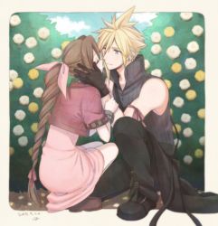 Rule 34 | 1boy, 1girl, aerith gainsborough, arm ribbon, bangle, bare shoulders, black footwear, black gloves, black pants, blonde hair, blue eyes, boots, border, bracelet, braid, braided ponytail, brown footwear, brown hair, cloud, cloud strife, cloudy sky, couple, cropped jacket, dated, dress, earrings, closed eyes, final fantasy, final fantasy vii, final fantasy vii advent children, flower, garden, gloves, grey shirt, hair between eyes, hair ribbon, hand on another&#039;s cheek, hand on another&#039;s face, high collar, imminent kiss, jacket, jewelry, krudears, long dress, long hair, looking at another, on one knee, open collar, outdoors, pants, pink dress, pink ribbon, red jacket, ribbon, rose bush, shirt, short hair, short sleeves, single earring, sky, sleeveless, sleeveless shirt, smile, spiked hair, square enix, squatting, waist cape, white flower, yellow flower