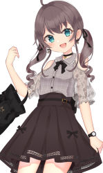 Rule 34 | 1girl, :d, ahoge, bag, black bow, black bowtie, black choker, black ribbon, blouse, blue eyes, bow, bow skirt, bowtie, brown hair, brown skirt, choker, clothing cutout, collared shirt, cowboy shot, earrings, flower earrings, grey shirt, hair between eyes, hair ribbon, high-waist skirt, highres, holding, holding bag, holding clothes, holding skirt, hololive, jewelry, lace, lace-trimmed skirt, lace sleeves, lace trim, looking at viewer, medium hair, nail polish, natsuiro matsuri, natsuiro matsuri (casual), open mouth, pink nails, plaid, plaid shirt, puffy short sleeves, puffy sleeves, ribbon, rissaaaan, see-through, see-through sleeves, shirt, short sleeves, shoulder cutout, simple background, skirt, smile, solo, tote bag, twintails, virtual youtuber, watch, white background, wristwatch