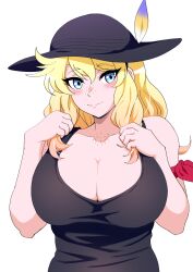 Rule 34 | 1girl, bare shoulders, blonde hair, blue eyes, blush, body freckles, breasts, calenda (kemono friends), cleavage, freckles, hat, hat feather, highres, huge breasts, kemono friends, kemono friends 3, long hair, mamiyama, sleeveless, smile, tank top, twintails
