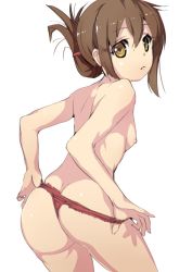 Rule 34 | 10s, 1girl, adjusting clothes, adjusting panties, armadillo-tokage, ass, bad id, bad twitter id, breasts, brown hair, cum, folded ponytail, highres, inazuma (kancolle), kantai collection, looking at viewer, nipples, panties, panty pull, red panties, simple background, small breasts, solo, topless, underwear, underwear only, undressing, yellow eyes