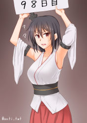 Rule 34 | 1girl, ?, anti (untea9), armpits, arms up, black hair, commentary request, cowboy shot, detached sleeves, gradient background, grey background, hair ornament, headgear, highres, hyakunichigo ni shinu wani, japanese clothes, kantai collection, looking at viewer, red eyes, short hair, sign, solo, twitter username, wide sleeves, yamashiro (kancolle), yamashiro kai ni (kancolle)