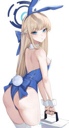 Rule 34 | 1girl, absurdres, animal ears, ass, backless leotard, bare shoulders, blonde hair, blue archive, blue bow, blue eyes, blue leotard, bow, breasts, briefcase, closed mouth, detached collar, earrings, fake animal ears, fake tail, ggoong (pooplambgoong22), hair bow, halo, highres, holding, holding briefcase, jewelry, leotard, light blush, long hair, looking at viewer, medium breasts, official alternate costume, rabbit ears, rabbit tail, simple background, single earring, solo, strapless, strapless leotard, stud earrings, tail, thighhighs, toki (blue archive), toki (bunny) (blue archive), turning head, very long hair, white background, white thighhighs, white wrist cuffs, wrist cuffs