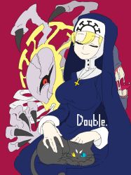Rule 34 | 1girl, blonde hair, blue eyes, breasts, cat, claws, cross, cross necklace, double (skullgirls), dual persona, closed eyes, habit, heterochromia, highres, jewelry, kanata, large breasts, monster girl, necklace, nun, red background, red eyes, saliva, saliva trail, sitting, sitting on lap, sitting on person, skullgirls, smile, teeth, tongue, tongue out, yellow eyes