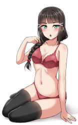 Rule 34 | &gt;:o, 1girl, :o, alternate hairstyle, black hair, black thighhighs, blunt bangs, blush, bra, braid, breasts, cleavage, commentary request, full body, green eyes, hair ornament, hair over shoulder, hairpin, highres, kurosawa dia, long hair, looking at viewer, love live!, love live! sunshine!!, medium breasts, mole, mole under mouth, navel, open mouth, panties, red bra, red panties, red scrunchie, scrunchie, simple background, single braid, sitting, solo, stomach, thighhighs, underwear, underwear only, v-shaped eyebrows, white background, yokozuwari, yopparai oni