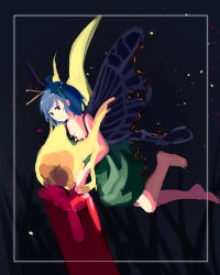 Rule 34 | 1girl, antennae, aqua hair, barefoot, brown eyes, burnt clothes, burnt wings, butterfly wings, candle, closed mouth, dress, eternity larva, fairy, fire, furahata gen, green dress, highres, insect wings, leaf, leaf on head, short hair, smile, solo, touhou, wings
