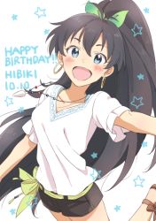 Rule 34 | 1girl, :d, ankle bow, ankle ribbon, black hair, black shorts, blouse, blue eyes, blush, bow, brown bow, character name, collarbone, demirinz, earrings, floating hair, ganaha hibiki, green bow, green ribbon, hair between eyes, hair bow, happy birthday, high ponytail, idolmaster, idolmaster (classic), jewelry, leg ribbon, leg up, long hair, looking at viewer, necklace, o-ring, open mouth, ribbon, shirt, short shorts, short sleeves, shorts, smile, solo, standing, standing on one leg, very long hair, white shirt