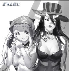 Rule 34 | 10s, 2girls, abyssal ship, airfield princess, bare shoulders, battleship princess, breasts, choker, cleavage, collarbone, corded phone, dated, dress, flaurel, greyscale, hat, holding, hood, horns, kantai collection, lips, long hair, monochrome, multiple girls, open mouth, phone, pocket watch, top hat, watch