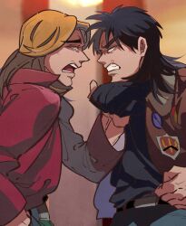 Rule 34 | 2boys, black eyes, black shirt, blonde hair, bomber jacket, brown jacket, clenched hand, clenched teeth, commentary request, cowboy shot, highres, inudori, itou kaiji, jacket, kaiji, kitami (kaiji), long hair, long sleeves, looking at another, male focus, medium bangs, multiple boys, open clothes, open jacket, open mouth, profile, red jacket, shirt, shirt grab, teeth