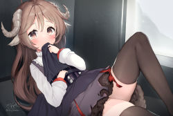 Rule 34 | 1girl, animal ears, arknights, brown eyes, brown hair, brown thighhighs, closed mouth, commentary request, dress, eyjafjalla (arknights), feet out of frame, grey dress, hair between eyes, highres, horns, lifting own clothes, long hair, long sleeves, looking at viewer, ochinsama, sheep ears, sheep girl, sheep horns, shirt, signature, smile, solo, thighhighs, twitter username, very long hair, white shirt