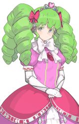 Rule 34 | 1girl, bow, breasts, closed mouth, colored eyelashes, cowboy shot, dress, elbow gloves, falulu, fugota6509, gloves, green hair, grey eyes, hair bow, headphones, highres, idol clothes, long hair, looking at viewer, own hands together, pink bow, pink dress, power symbol, pretty series, pripara, puffy short sleeves, puffy sleeves, short sleeves, sidelocks, simple background, small breasts, solo, standing, tiara, twintails, white background, white gloves