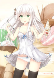 Rule 34 | 1girl, :d, absurdres, asymmetrical hair, black thighhighs, breasts, cleavage, collarbone, cream, d:, dress, food, glass, green eyes, hair between eyes, hair ornament, hairclip, highres, holding, ice cream, looking at viewer, open mouth, original, oversized object, panties, pantyshot, parfait, pocky, pudding, side ponytail, sleeveless, sleeveless dress, small breasts, smile, spaghetti strap, spoon, sundae, sundress, tareme, thighhighs, tsuchikure, underwear, wafer stick, white hair, white panties, wind, wind lift