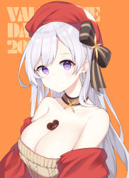 Rule 34 | 1girl, absurdres, aran sweater, azur lane, bare shoulders, belfast (azur lane), belfast (shopping with the head maid) (azur lane), beret, between breasts, bow, breasts, brown sweater, cable knit, candy, chocolate, chocolate heart, choker, cleavage, collarbone, commentary request, food, hair bow, hat, heart, highres, large breasts, long hair, looking at viewer, off shoulder, orange background, paaru, purple eyes, red hat, shawl, silver hair, smile, solo, sweater, upper body, valentine