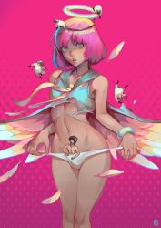 Rule 34 | 2boys, absolum art, absurdres, angel, angel wings, atlus, black hair, blue eyes, bulge, catherine: full body, catherine (game), halo, highres, horns, looking at viewer, male focus, multiple boys, navel, necktie, panties, pink background, pink hair, rin (catherine), sailor collar, sheep, sheep horns, short hair, simple background, sleeveless, stomach, torn clothes, trap, underwear, vincent brooks, white panties, wings