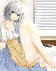 Rule 34 | 1girl, alternate costume, bad id, bad pixiv id, barefoot, bed, bed sheet, blanket, window blinds, blouse, buttons, collarbone, contemporary, controller, dress, female focus, green eyes, head tilt, highres, indoors, konpaku youmu, open mouth, pillow, poster (medium), poster (object), remote control, shirt, short hair, silver hair, sitting, solo, touhou, window, yana mori