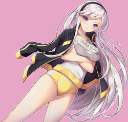 Rule 34 | &gt;:), 1girl, arms under breasts, azur lane, black hairband, black jacket, blush, breasts, buruma, closed mouth, crossed arms, enterprise (azur lane), gym shirt, gym uniform, hairband, highres, jacket, jacket on shoulders, koflif, large breasts, long hair, looking at viewer, name tag, outline, pink background, purple eyes, shirt, silver hair, smile, solo, v-shaped eyebrows, very long hair, white outline, white shirt, yellow buruma