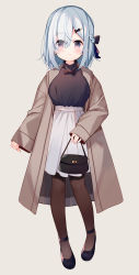 Rule 34 | 1girl, bag, black bow, black footwear, black shirt, blush, bow, braid, breasts, brown coat, brown pantyhose, closed mouth, coat, full body, grey background, hair bow, hair ornament, hair over one eye, hairclip, handbag, highres, holding, holding bag, long sleeves, medium breasts, meito (maze), nail polish, open clothes, open coat, original, pantyhose, pink nails, pleated skirt, red eyes, shirt, shoes, silver hair, simple background, skirt, sleeves past wrists, smile, solo, standing, white skirt