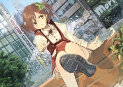 Rule 34 | 1girl, :t, beckoning, blouse, brown eyes, brown hair, buttons, city, dutch angle, fingernails, foreshortening, fountain, furukawa itsuse, hair ornament, highres, juliet sleeves, leg up, long sleeves, looking at viewer, miniskirt, original, outdoors, outstretched arm, patting, plant, pointing, pointing at viewer, pout, puffy sleeves, red skirt, red vest, shirt, shoe soles, shoes, short hair, sitting, skirt, sneakers, solo, twintails, two side up, v-shaped eyebrows, vest, water, white shirt, wing collar