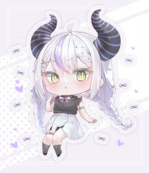 Rule 34 | 1girl, absurdres, ahoge, black shirt, blush, bow, braid, chibi, commentary request, demon girl, demon horns, grey background, grey hair, hair between eyes, hair bow, hair ornament, hairclip, hand up, heart, highres, hololive, horns, la+ darknesss, long hair, looking at viewer, low twin braids, multicolored hair, omotikaeri, open mouth, pink bow, polka dot, polka dot background, purple bow, purple hair, shirt, side braid, simple background, skirt, sleeveless, sleeveless shirt, solo, streaked hair, twin braids, virtual youtuber, white skirt, x hair ornament, yellow eyes