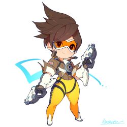 Rule 34 | 1girl, bodysuit, bomber jacket, breasts, brown hair, chest harness, chibi, commentary request, full body, gloves, goggles, gun, harness, highres, jacket, kotatsu (g-rough), looking at viewer, medium breasts, orange bodysuit, orange goggles, overwatch, overwatch 1, short hair, smile, solo, spiked hair, standing, tracer (overwatch), weapon