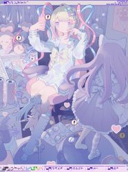 Rule 34 | !, 1girl, absurdres, animal ears, apron, back bow, blue eyes, blue hair, blush, bow, cat ears, cellphone, chair, chouzetsusaikawa tenshi-chan, commentary request, curtains, dna, dress, energy drink, figure, frilled apron, frills, gaming chair, grey hair, hair bow, heart, highres, holding, holding phone, indoors, keyboard (computer), knife, long hair, maid, multicolored hair, needy girl overdose, neon palette, outo eguchi, phone, pill, pink hair, poster (object), sailor collar, school uniform, serafuku, single thighhigh, sitting, skirt, smartphone, solo, star (symbol), sticker, stuffed toy, swivel chair, syringe, thighhighs, very long hair