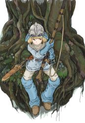 1girl aoi_zero belt blonde_hair blue_gloves blue_shirt boots dagger earrings full_body gloves gun helmet highres holding holding_gun holding_weapon jewelry kaze_no_tani_no_nausicaa knife looking_to_the_side nausicaa plant_roots sheath shirt short_hair sitting solo tree weapon