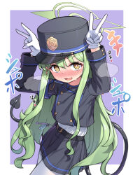 Rule 34 | 1girl, :d, belt, black belt, blue archive, blue jacket, blue skirt, blush, buttons, cropped jacket, curly hair, demon girl, demon tail, double-breasted, double v, earrings, gloves, green hair, green halo, hair between eyes, halo, hat, hikari (blue archive), isinose (ilxodidli), jacket, jewelry, long hair, long sleeves, looking at viewer, looking up, miniskirt, open mouth, pleated skirt, shirt, shirt tucked in, skirt, smile, solo, tail, v, v over head, very long hair, white gloves, white shirt, yellow eyes