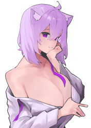 Rule 34 | 1girl, :3, ahoge, animal ears, bare shoulders, breasts, cat ears, cat girl, cleavage, closed mouth, dismassd, highres, hololive, huge breasts, long hair, looking at viewer, nekomata okayu, no bra, off shoulder, pink hair, purple eyes, simple background, smile, solo, virtual youtuber, white background