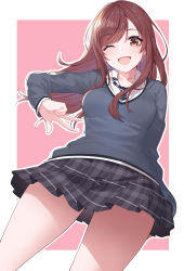 Rule 34 | 1girl, ;d, absurdres, arjent, black skirt, brown eyes, brown hair, commentary, grey sweater, highres, idolmaster, idolmaster shiny colors, long hair, long sleeves, looking at viewer, miniskirt, necktie, one eye closed, open mouth, osaki amana, pink background, plaid, plaid skirt, pleated skirt, school uniform, skirt, smile, solo, sweater, swept bangs, thighs, v