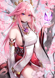 Rule 34 | 1girl, animal ears, bad id, bad twitter id, bare shoulders, blush, breasts, cherry blossoms, closed mouth, commentary request, crystalfly (genshin impact), floral print, fox ears, fox girl, genshin impact, hair ornament, hand up, highres, japanese clothes, large breasts, long hair, long sleeves, looking at viewer, miko, nano (syoutamho), pink hair, purple eyes, sideboob, smile, solo, thighs, wide sleeves, yae miko
