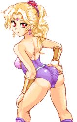 Rule 34 | 1990s (style), 1girl, ass, bare shoulders, blonde hair, breasts, earrings, female focus, final fantasy, final fantasy iv, jewelry, long hair, looking back, namaenazo, ponytail, red eyes, retro artstyle, rosa farrell, simple background, solo, tiara, white background, wristband