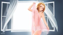Rule 34 | 1girl, absurdres, artist name, breasts, brown eyes, brown hair, commission, curtains, dreizerel, hairband, highres, jewelry, k-on!, navel, necklace, nipples, panties, pearl necklace, short hair, small breasts, solo, standing, tainaka ritsu, topless, underwear, watermark, white panties, window, yellow hairband
