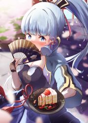 Rule 34 | 1girl, absurdres, arm guards, armor, armored dress, ayaka (genshin impact), blue capelet, blue eyes, blue hair, blunt bangs, blurry, blurry background, blush, breastplate, breasts, bridal gauntlets, cake, cake slice, capelet, cherry blossoms, cleavage, confession, covering own mouth, falling petals, folding fan, food, genshin impact, hair ornament, hair ribbon, hand fan, highres, holding, holding fan, holding plate, light blue hair, long hair, looking at viewer, mattsi hbkk, medium breasts, mole, mole under eye, outdoors, petals, plate, ponytail, ribbon, signature, solo, strawberry shortcake, tress ribbon