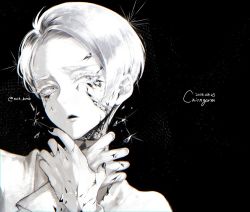 Rule 34 | 1other, androgynous, black background, cairngorm (houseki no kuni), character name, colored eyelashes, crack, crystal hair, dated, hands on neck, houseki no kuni, looking at viewer, morino bambi, shards, short hair, solo, sparkle, thick eyebrows, upper body, white eyes, white hair