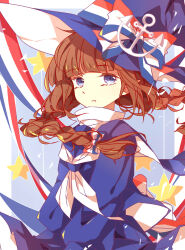 Rule 34 | 1girl, anchor, anchor hat ornament, blue eyes, blue sailor collar, bow, brown hair, commentary, dress, funamusea, hat, hat bow, hat ornament, highres, long hair, long sleeves, looking at viewer, neckerchief, nishigyou teraa, oounabara to wadanohara, pointy ears, sailor collar, sailor dress, skirt, solo, star (symbol), starry background, wadanohara, white neckerchief, witch hat