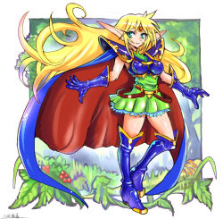 Rule 34 | 1girl, armor, blonde hair, blue cape, boots, breasts, cape, closed mouth, deedlit, dress, elf, gloves, green eyes, highres, long hair, looking at viewer, oomasa teikoku, pointy ears, record of lodoss war, shoulder armor, smile, solo, thigh boots, thighhighs