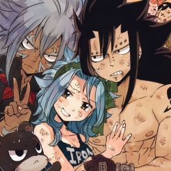 Rule 34 | 1girl, 5boys, acnologia, animal, black hair, blue hair, cat, droy (fairy tail), fairy tail, gajeel redfox, jet (fairy tail), levy mcgarden, long hair, looking at viewer, multiple boys, pantherlily, rusky, shirt, tagme, topless
