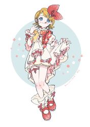 1girl :p alternate_costume blonde_hair blue_eyes bow dress food-themed_clothes fork full_body hair_bow hair_ornament hairclip hazime highres kagamine_rin legband looking_at_viewer medium_hair red_bow red_footwear simple_background smile solo spoon standing star-shaped_pupils star_(symbol) symbol-shaped_pupils tongue tongue_out vocaloid white_background white_dress wrist_cuffs