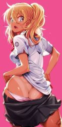Rule 34 | 10s, 1girl, 2016, ass, ayaki, blonde hair, blue eyes, blush, breasts, butt crack, clothes pull, dated, fang, long hair, looking back, open mouth, panties, pink background, pink panties, school uniform, simple background, skirt, skirt pull, solo, tan, tanline, twintails, underwear