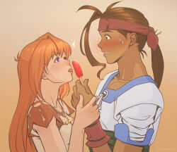 Rule 34 | bandana, blush, brown hair, dark skin, elhaym van houten, fei fong wong, food, hand grab, highres, holding, jewelry, linnaealyn, looking at another, necklace, ponytail, popsicle, purple eyes, red hair, sweat, tongue, tongue out, xenogears
