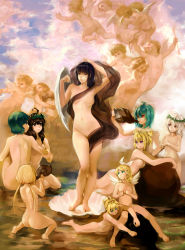 Rule 34 | 1boy, 6+girls, absurdres, ahoge, angel, angel wings, aqua eyes, arrow (projectile), artistic nudity, ass, back, bad id, bad pixiv id, barefoot, black hair, blonde hair, bow (weapon), breasts, brown eyes, brown hair, character request, cloud, completely nude, fine art parody, futaba anzu, green eyes, gumi, highres, hug, idolmaster, idolmaster cinderella girls, kagamine len, kagamine rin, kazami yuuka, long hair, multiple girls, navel, no nipples, nude, parody, red eyes, seashell, shell, short hair, silver hair, small breasts, smile, symbolism, the birth of venus, touhou, twintails, vocaloid, water, weapon, wings, yonic symbol