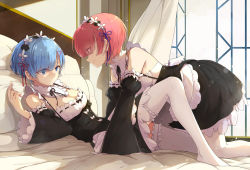 Rule 34 | 10s, 2girls, all fours, blue eyes, blue hair, blunt bangs, breasts, cleavage, curtains, detached collar, detached sleeves, eyes visible through hair, from side, girl on top, hair ornament, hair ribbon, highres, incest, indoors, knee up, looking at another, maid, medium breasts, multiple girls, no shoes, on bed, pillow, pink eyes, pink hair, profile, ram (re:zero), re:zero kara hajimeru isekai seikatsu, red ribbon, rem (re:zero), ribbon, short hair, siblings, sisters, smas, smile, thighhighs, twincest, twins, white legwear, window, x hair ornament, yuri