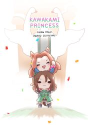 Rule 34 | 2girls, :&gt;, absurdres, animal ears, arm up, bird, black gloves, blush stickers, brown hair, carrying, chibi, chokueji, commentary, confetti, dress, ear covers, ear ornament, english text, gloves, green dress, hair between eyes, hair intakes, highres, horse ears, horse girl, horse tail, kawakami princess (umamusume), king halo (umamusume), long hair, looking at viewer, multiple girls, off shoulder, one side up, open mouth, piggyback, short eyebrows, solid oval eyes, swan, tail, triangle mouth, umamusume, wavy hair