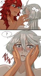 Rule 34 | 2girls, ?, absurdres, blush, commentary request, dark-skinned female, dark skin, green eyes, grey eyes, gundam, gundam suisei no majo, hands on another&#039;s face, highres, korean commentary, korean text, long hair, miorine rembran, multiple girls, nude, parted lips, red hair, simple background, snapagi, speech bubble, spoken question mark, suletta mercury, thick eyebrows, translation request, upper body, white background, white hair, yuri