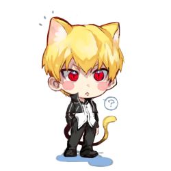 Rule 34 | 1boy, :p, ?, animal ears, black footwear, black jacket, black pants, blonde hair, blush stickers, cat boy, cat tail, chibi, fate/stay night, fate (series), gilgamesh (fate), jacket, kemonomimi mode, looking at viewer, notice lines, official alternate costume, pants, red eyes, shirt, short hair, simple background, solo, spoken question mark, suzumetarou, tail, tongue, tongue out, v-shaped eyebrows, white background, white shirt