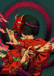 Rule 34 | 1boy, absurdres, black hair, black nails, bug, green background, hair over one eye, hand mouth, highres, horns, iririmari, jacket, japanese clothes, long sleeves, looking at viewer, mask, mask on head, millipede, nail polish, oni horns, oni mask, original, red jacket, short hair, slit pupils, solo, traditional media, yellow eyes
