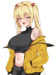 Rule 34 | 1girl, absurdres, blonde hair, blush, breasts, collarbone, crop top, hair ornament, highres, large breasts, leon decarabia, long hair, mole, navel, red eyes, sayuri (k pring), simple background, smile, solo, stomach, thighs, twintails, white background