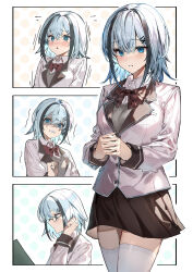 Rule 34 | 1girl, @ @, absurdres, adjusting hair, blue eyes, blue hair, blush, bow, bowtie, brown bow, brown bowtie, brown shirt, collared shirt, comic, commentary request, cowboy shot, expressions, glasses, gloom (expression), grey hair, grey vest, hair between eyes, hair ornament, hairclip, highres, interlocked fingers, jacket, kabi (zcwd8845), long sleeves, looking at viewer, medium hair, multicolored hair, open mouth, original, outside border, own hands together, partial commentary, pink jacket, plaid, plaid bow, plaid bowtie, pleated skirt, reading, school uniform, shirt, sidelocks, skirt, solo, streaked hair, surprised, thighhighs, triangle mouth, upper body, vest, white shirt, white thighhighs, x hair ornament, zettai ryouiki
