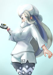Rule 34 | 1girl, black pantyhose, blue background, blue eyes, breasts, creatures (company), game freak, grey nails, gym leader, hat, highres, holding, holding poke ball, jewelry, large breasts, long hair, long sleeves, melony (pokemon), nail polish, nintendo, pantyhose, pantyhose under shorts, poke ball, pokemon, pokemon swsh, ring, sayuumigi, shorts, silver hair, solo, standing, sweater, thick eyebrows, ultra ball, very long hair, white hat