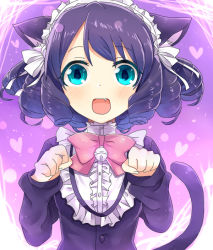 Rule 34 | 10s, 1girl, animal ears, bell, black hair, blue eyes, blush, bow, cat ears, cat tail, curly hair, cyan (show by rock!!), fang, hair ornament, heiling zhengzi, looking at viewer, open mouth, paw pose, pink bow, ribbon, show by rock!!, solo, tail