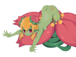 Rule 34 | 1girl, alraune, ass, bent over, blonde hair, blush, breasts, colored skin, disgaea, dot nose, drill hair, drill sidelocks, facing viewer, flower, green skin, hair flower, hair ornament, highres, looking at viewer, makai senki disgaea, monster girl, nazunazu, nude, plant girl, pointy ears, red eyes, sidelocks, simple background, small breasts, solo, top-down bottom-up, white background
